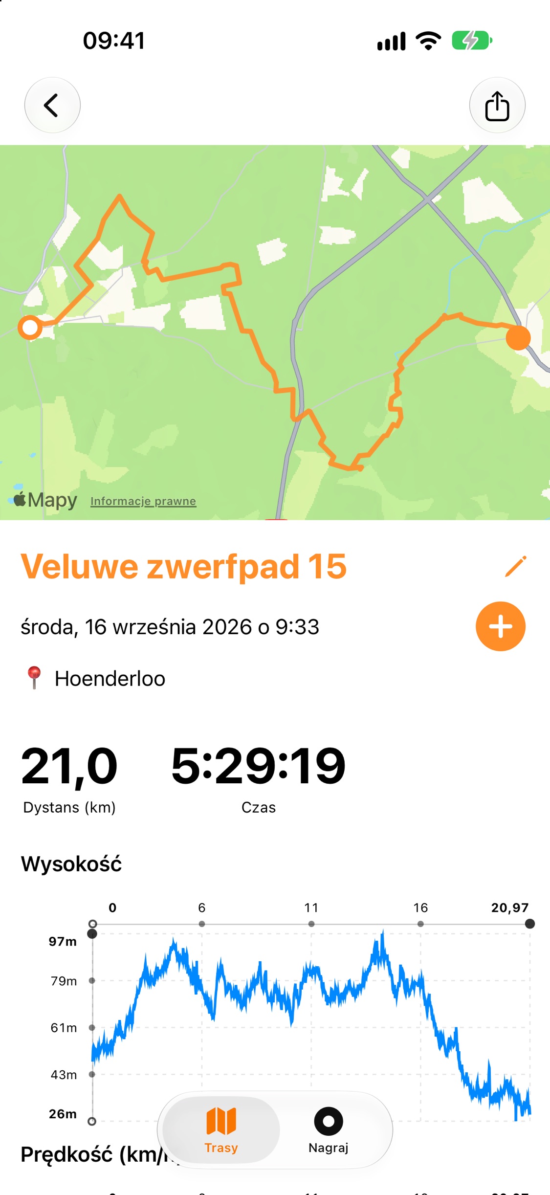 Podsumowanie trasy z przebiegiem narysowanym na mapie, dystansem 21,0 km, czasem 5:29:36 i wykresem wysokości