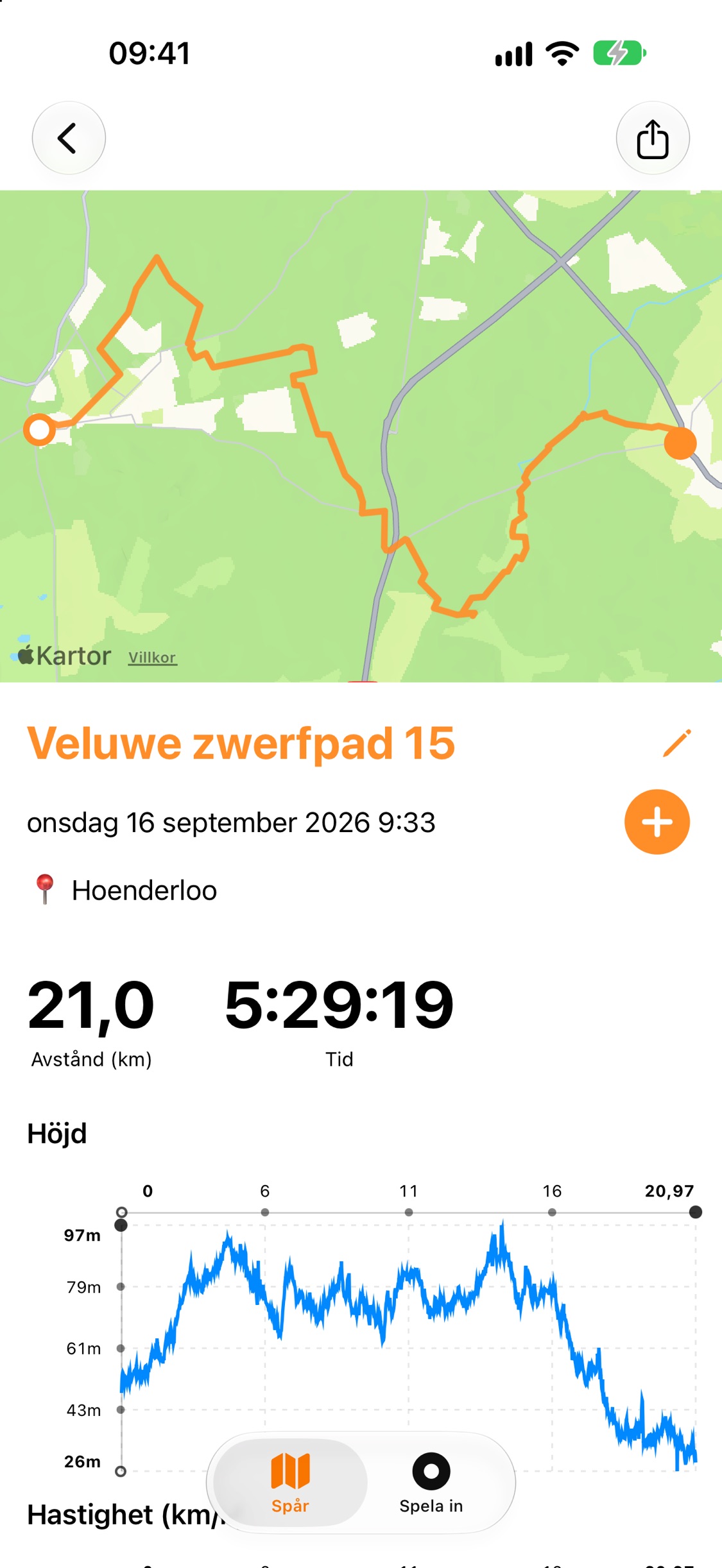 Spårsammanfattning med rutten ritad på en karta, 21,0 km avstånd, tiden 5:29:36 och ett höjddiagram